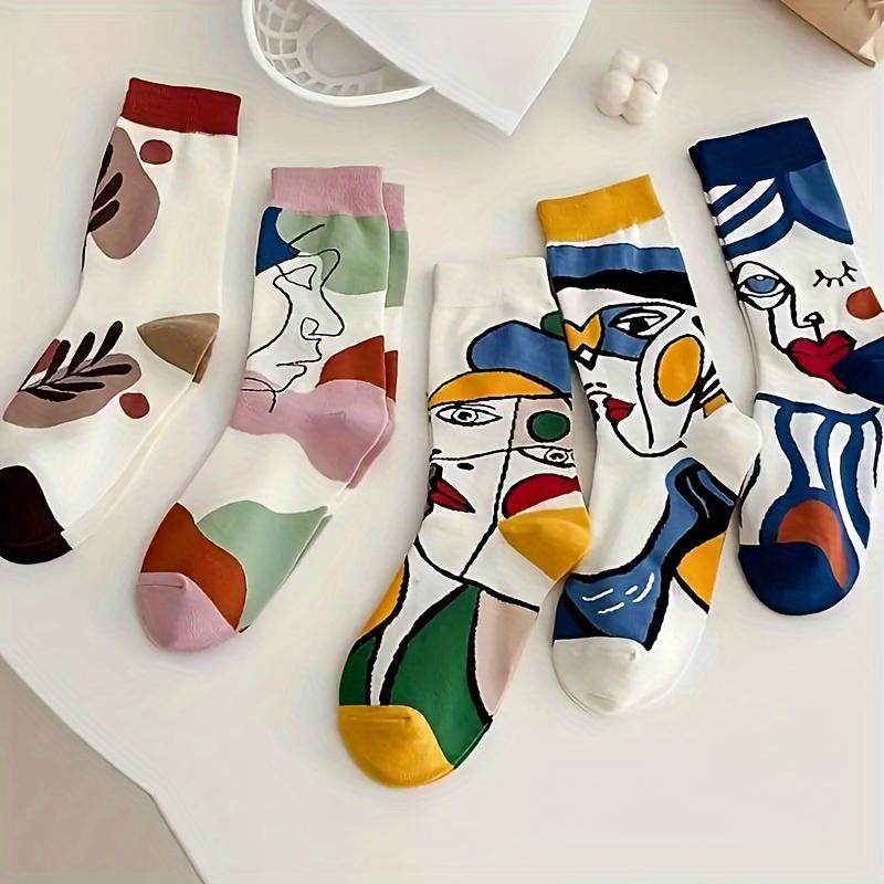 1pair/5pairs Abstract Print Mid-tube Socks, Comfortable Fashion Ladies' Trendy Graffiti Style Socks, Couples' Four Seasons Socks