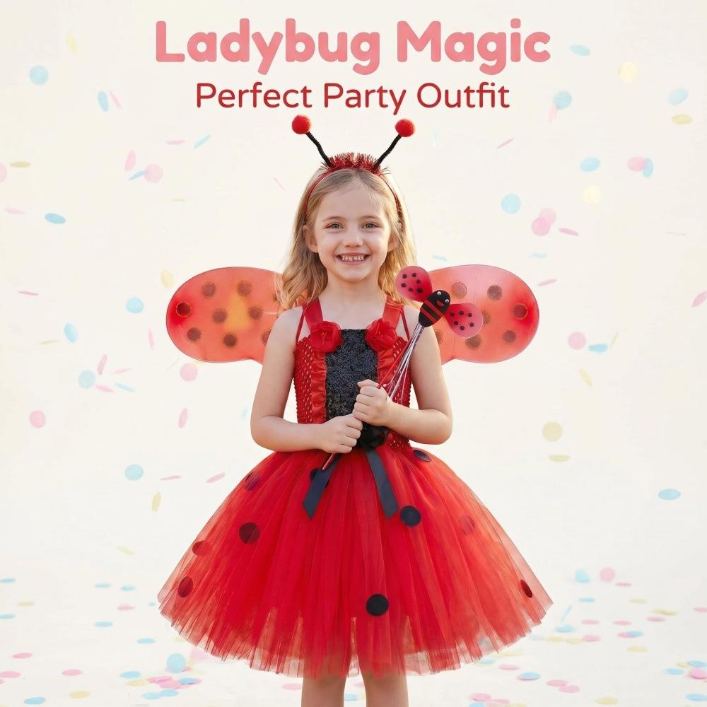 Girls Ladybug Costume Dress with Tulle Skirt and Wings for Halloween Party Cosplay Animal Performance Dress Up Set