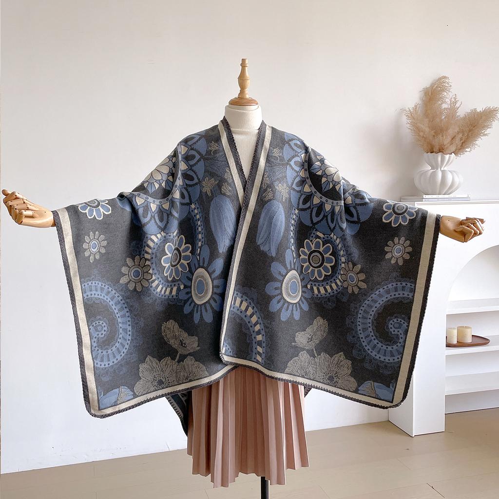 Fashion Women'S Winter Warm Cashmere Shawl - Floral Oil Painting Printed Pashmina Thick Wrap, Poncho & Echarpe