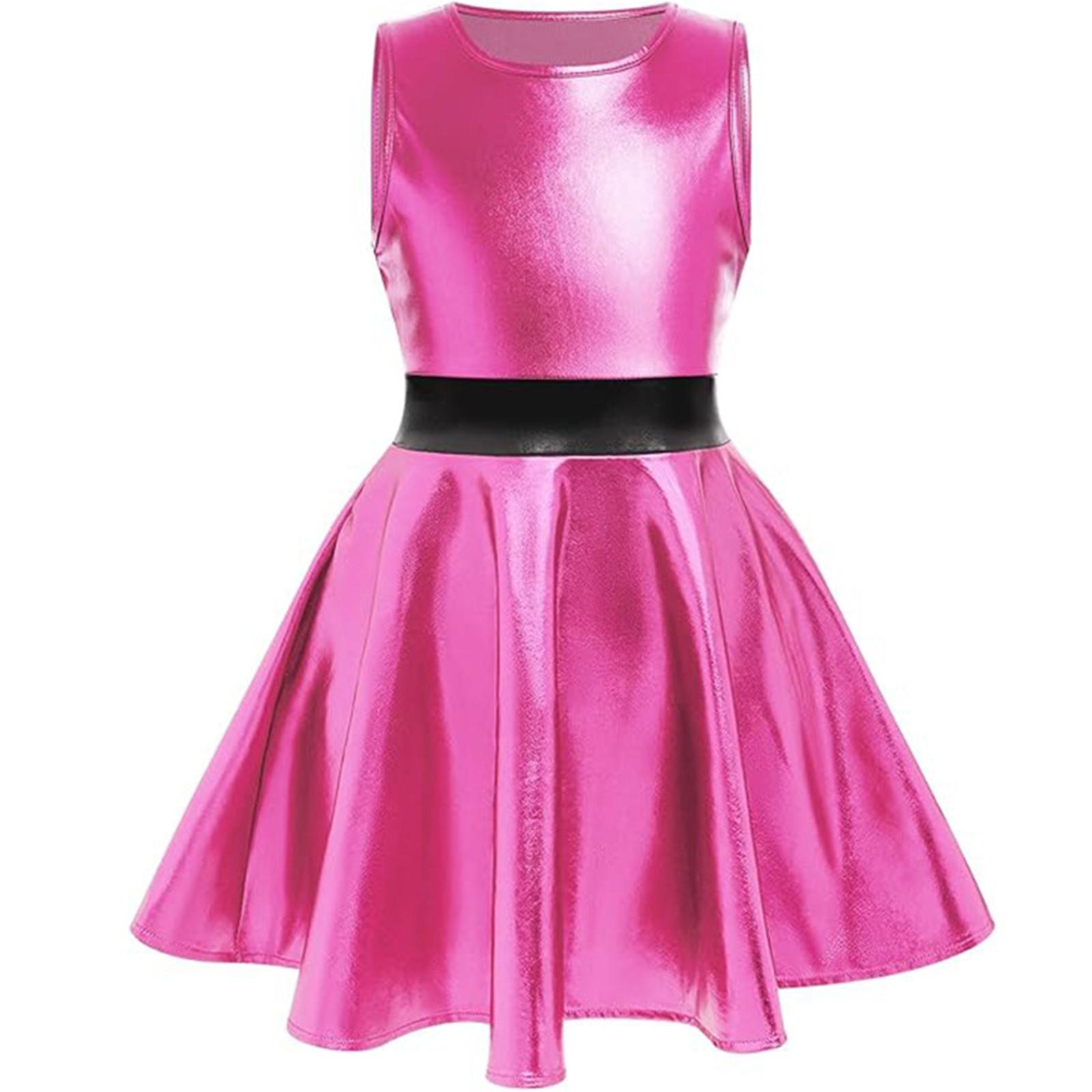 

Girls Metallic Party Dress Sleeveless Round Neck A Line Design Contrast Waist Invisible Zipper Halloween Outfit 2-4 Years гарячі рожевого кольору