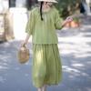 Womens Navy Blue Floral Embroidered Linen Blouse Casual Round Neck Puff Sleeve Boho Top