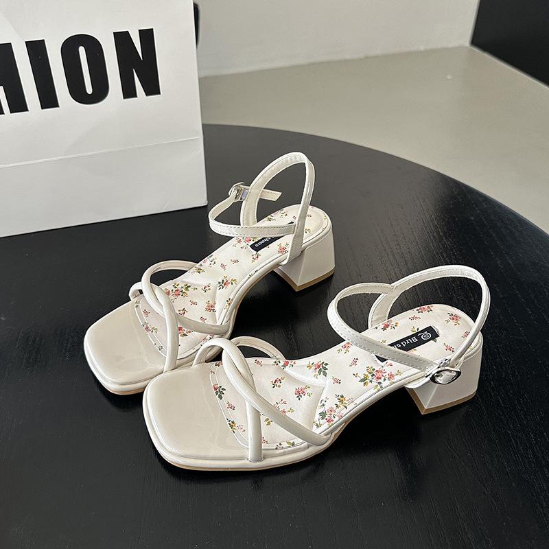 French Fairy Style Bow Word with High-heeled Sandals Female 2025 Summer New Floral Small Fresh Open-toed Sandals
