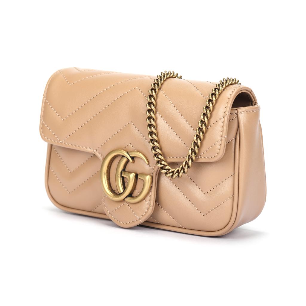 Gucci Quilted Metal Logo Chain Shoulder Strap Clasp Closure Leather Shoulder Bag Women Shoulder Bag Beige 826158-AAET8-2754