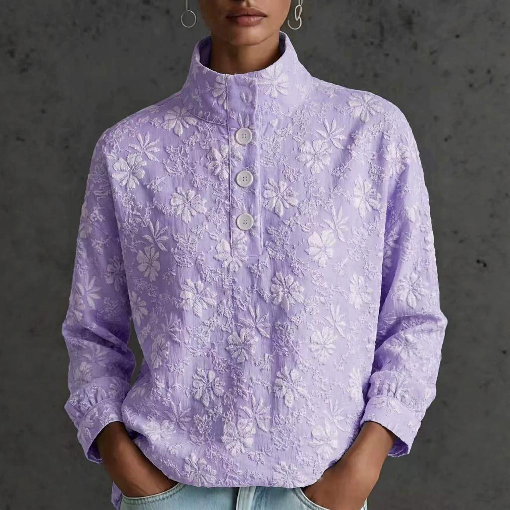 Damen Bluse mit Stehkragen, floral bestickt, Langarm, Lässig, Lockerer Schnitt, Mit Knopfleiste