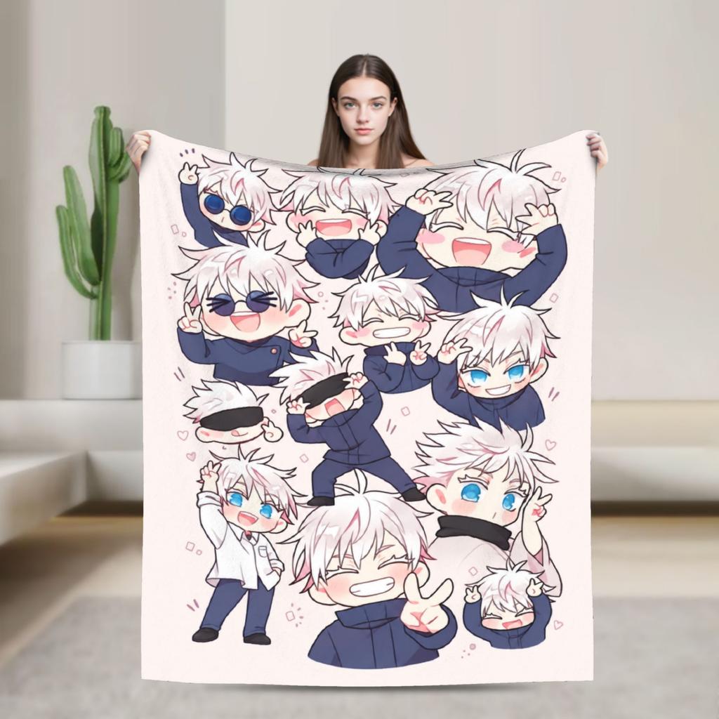 Warm Soft Blankets Camping Jujutsu Kaisen Gojo Satoru Chibi Character Bedding Throws Flannel Bedspread For Couch Bed Bed Cover