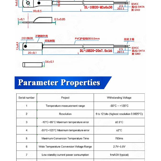 DS18B20 Temperature Sensor Probe 304 Stainless Steel 6*30MM OD 3.0MM Waterproof Dustproof Sensors Cable 1M Length