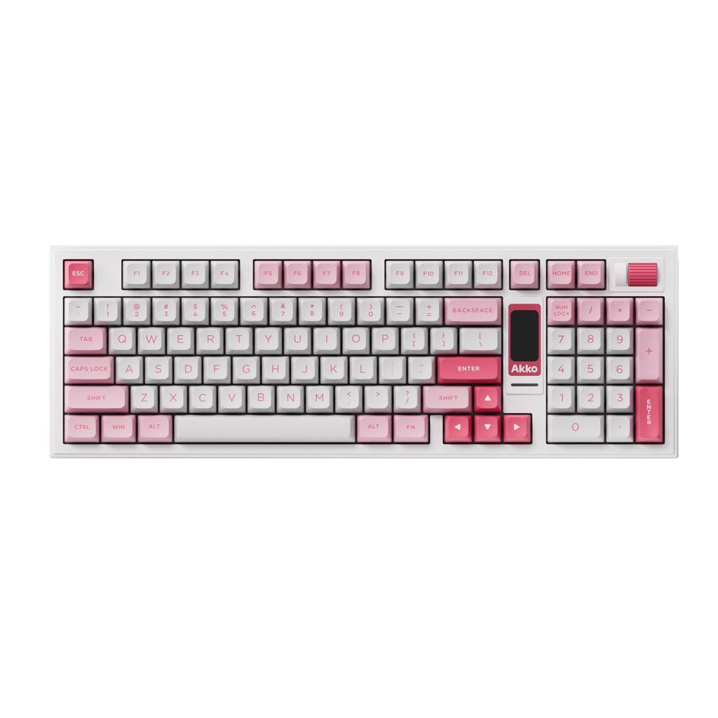 Teclado Akko 5098B Prunus Lannesiana Custom com Botão Giratório Vertical, Carregamento Rápido, Cor Rosa, com Tela TFT