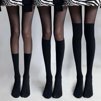 Womens Pantyhose Fake Stockings Thighs High Stocking Black Color Silk Socks Sexy Patchwork Color Japanese Style Jk Sock