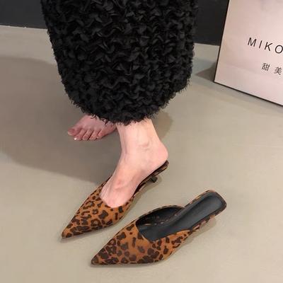 French Kitten and Leopard Print High Heels Bag Head Half Slippers Women's Shoes Wear 2025 Spring and Autumn Suede Half Tray Single Shoes