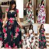Bohemian Floral Print Short Sleeve Dress Women Autumn Winter Long Dresses Round Collar Big Swing