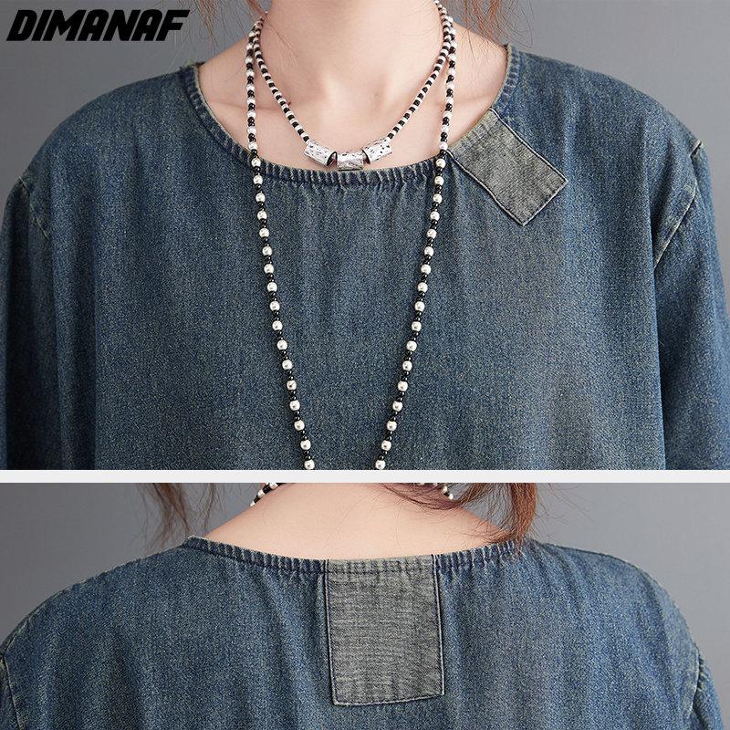 DIMANAF Plus Size Women 2025 New Dress Denim Autumn Long Sleeve Vintage Dress Long Dress Loose Dress Blue Basic Dresses