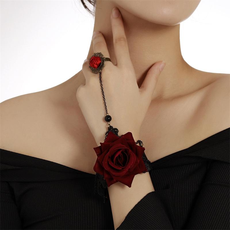Black Lace Red Rose Finger Bracelet With Ring Harness Slave Link With Ring Bracelet Accessories Party For Women