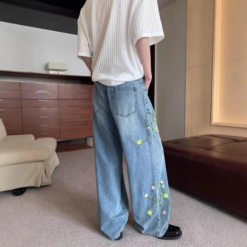 Mens Embroidered Floral Denim Jeans Loose Straight Leg Casual Pants Mid-Rise Stretch Cotton 2025