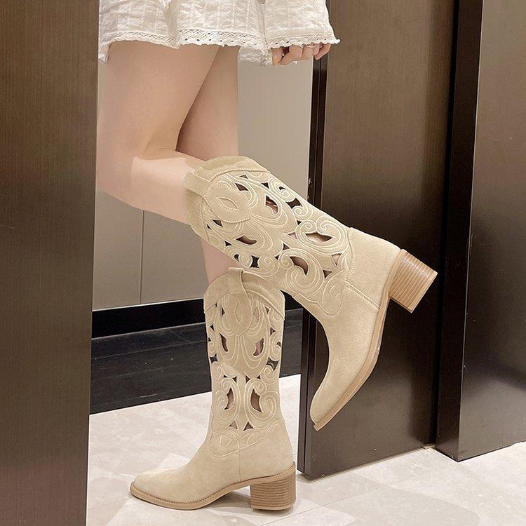 Hollow Hole Tall Boots Women Breathable Knight Cool Boots Pointed Thick Heel Skinny Chelsea Mesh Boots