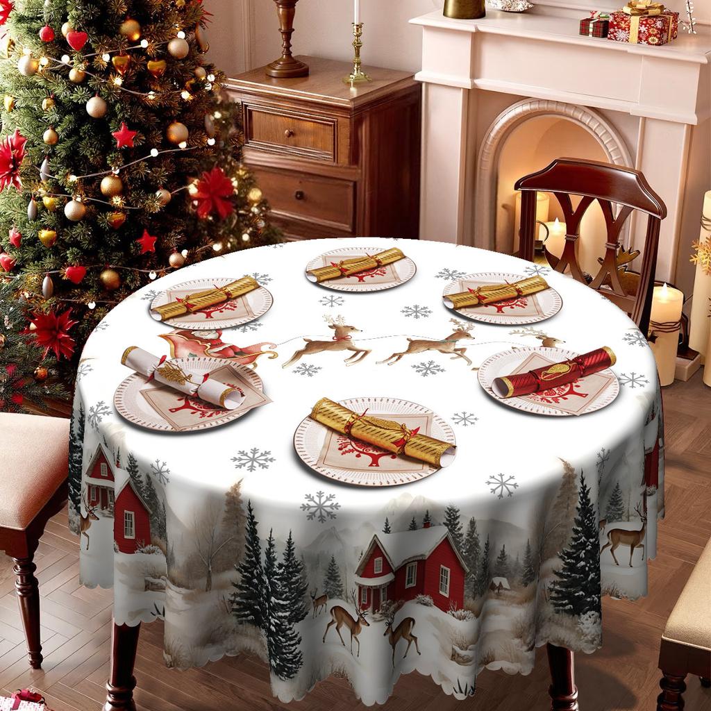 Santa Claus Reindeer Snow Waterproof And Oil-Proof Leave-In Rectangular/Round Dining Table Cloth, Coffee Table Tablecloth