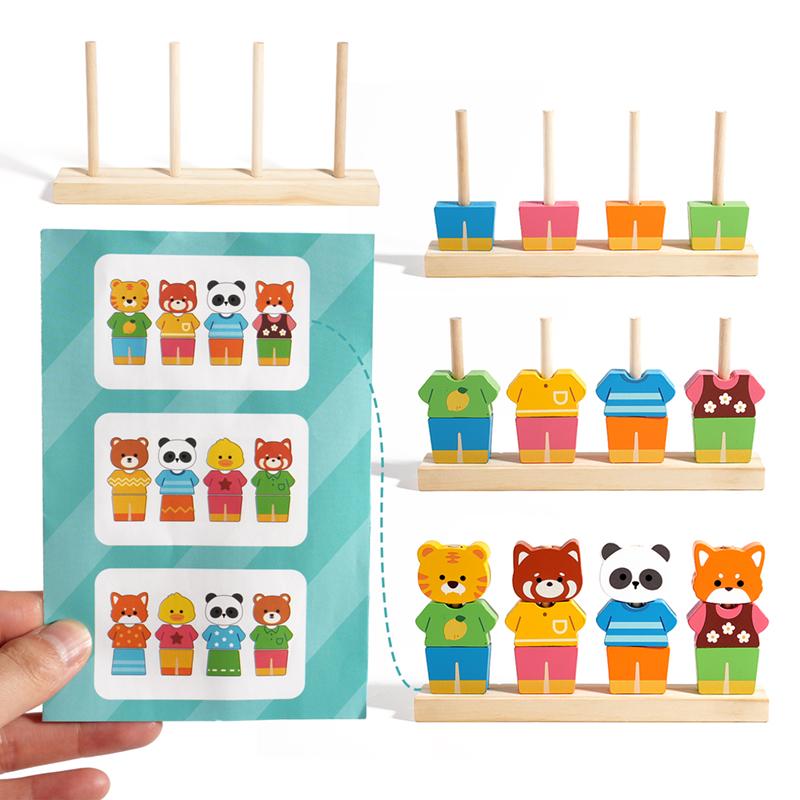 Non-Toxic Wooden Children'S Animal Changing Clothes Column Pattern Matching Color Recognition Fine Motor Training Game Educational Toys