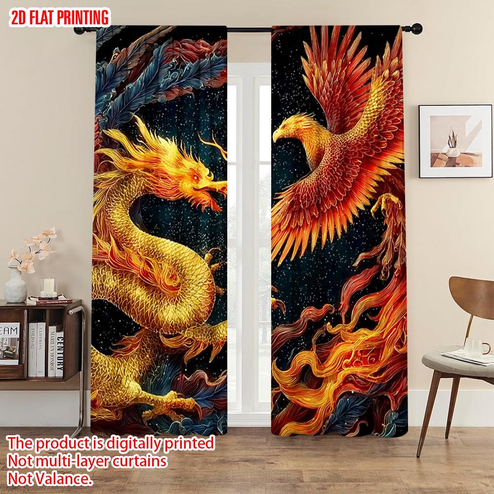 2pcs   plane printing Print Curtains dragon and phoenix Versatile 100% Polyester (without rod) Art Deco Festive Perfect for