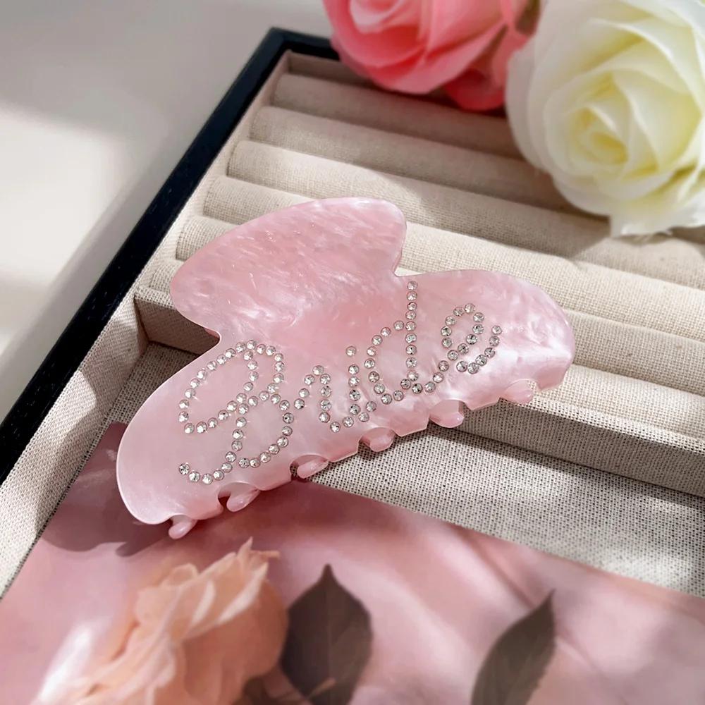 Elegant Shinning Rhinestone Bride Letter Big Acetate Hair Claw Clips for Women White Pink Hair Styling Accessories Wedding Gift
