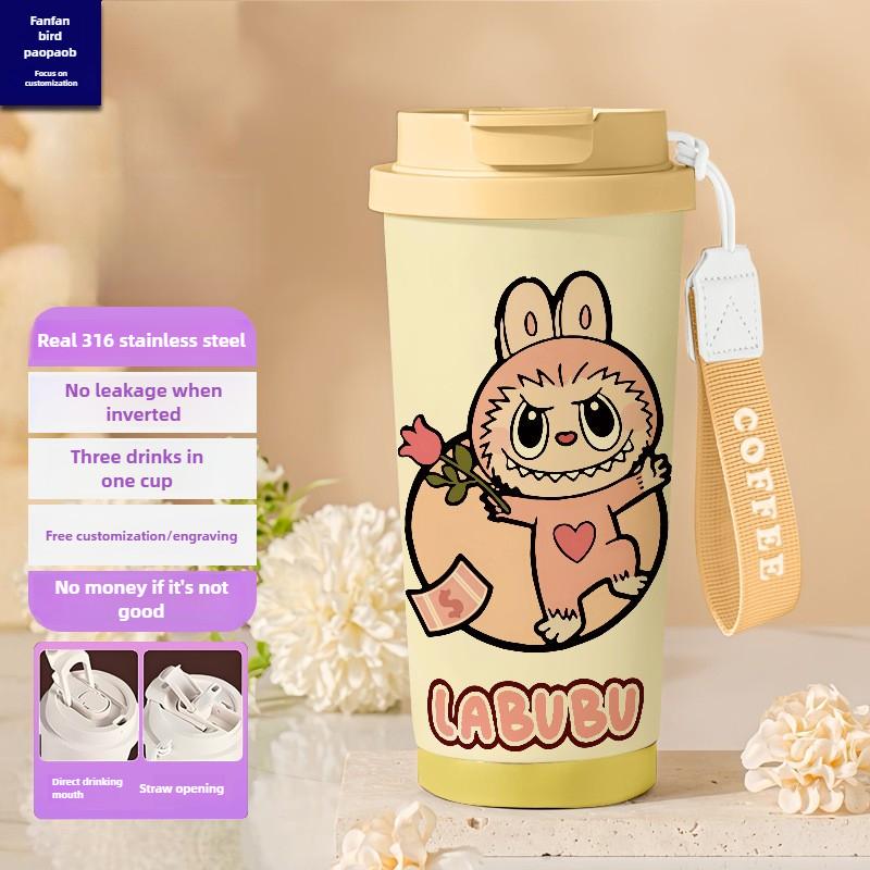 Tecknad Rostfri Stålkopp Högvärdig Termosmugg 3D Dubbel Drickstrå Kaffekopp