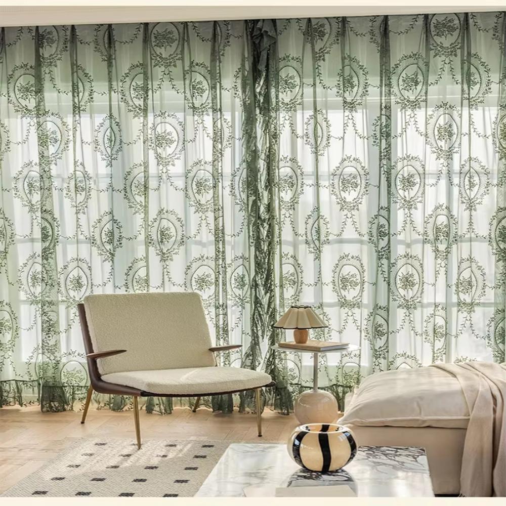 2 Pcs Ruffled Edge Gauze Curtain Retro Lace Sheer Curtain Romantic French Lace Floral Curtain  Door