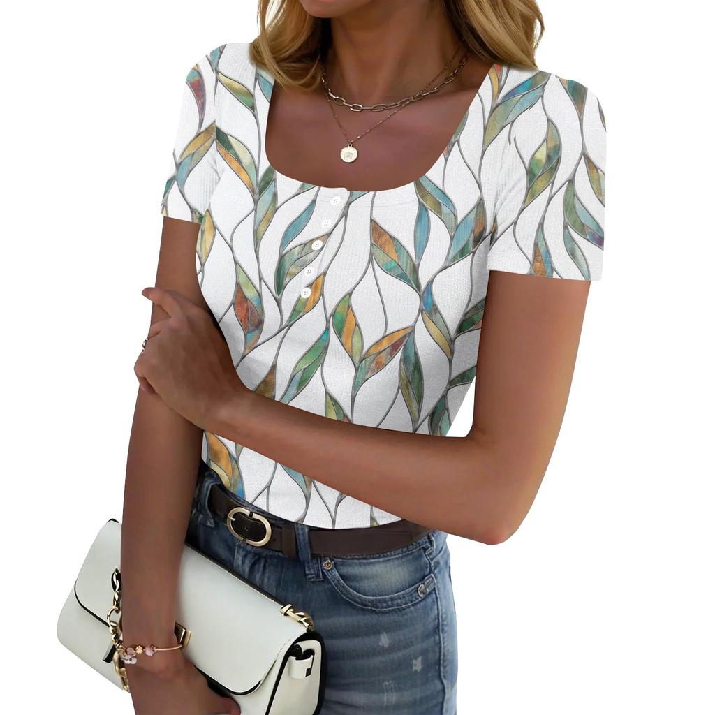 Women's Summer Fashion Tops Short Sleeve Square Neck Button Fashion Casual Floral Ribbed Knit Shirt