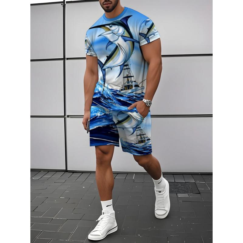 Marine theme print men s short-sleeved suit S