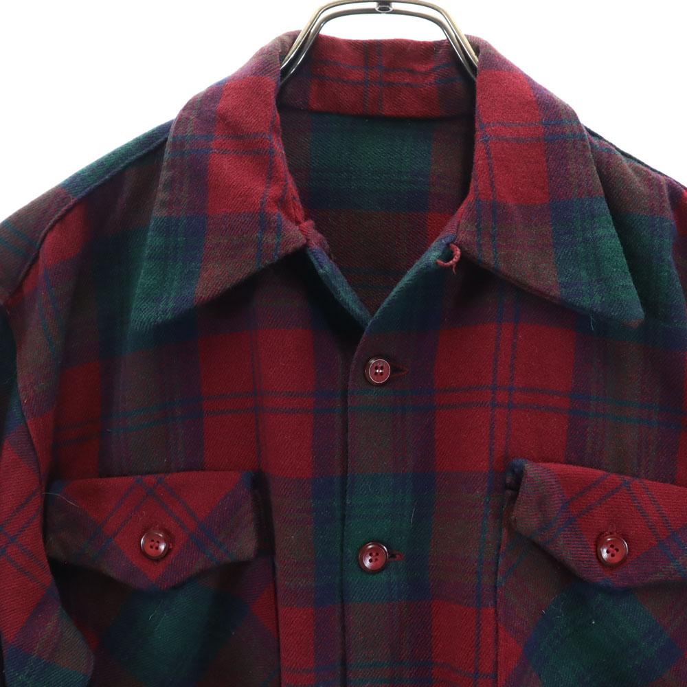 VINTAGE 50s 60s Open collar Check Pattern Long sleeve Open color Flannel shirt Men's Used
