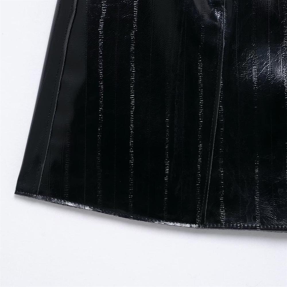 2025 Spring Women's Slim Fit A-Line High Waist Shiny Faux Leather Single-Breasted Decorative Short Skirt