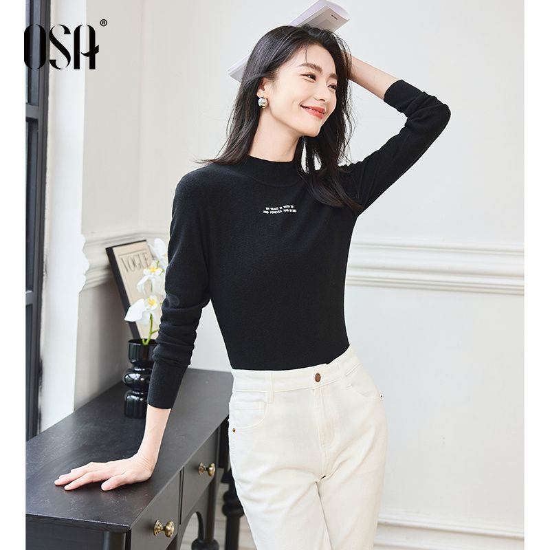 

OSA OSHA Solid Half-high Collar Slim fit Knit 2024 Autumn New Women Simple and Stylish Inner wear Top Black M