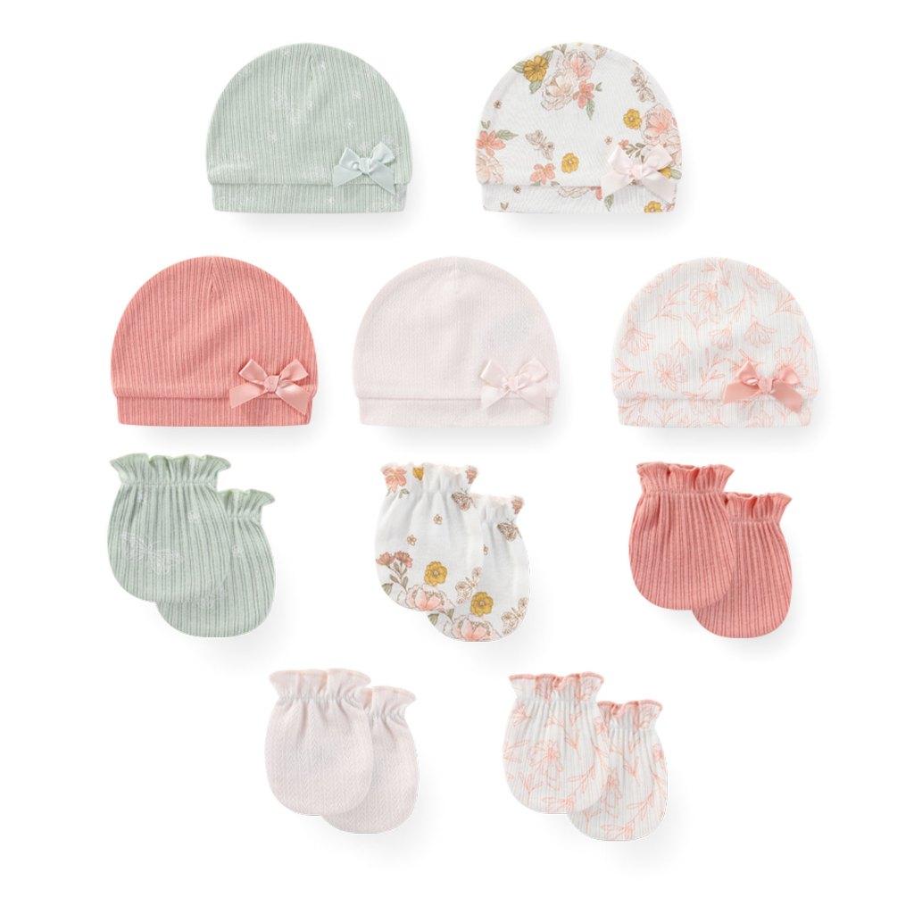 KIDDIEZOOM 0-6Months Boys Girls Hats Gloves Set 100% Cotton Soft Caps Mittens Baby Accessories