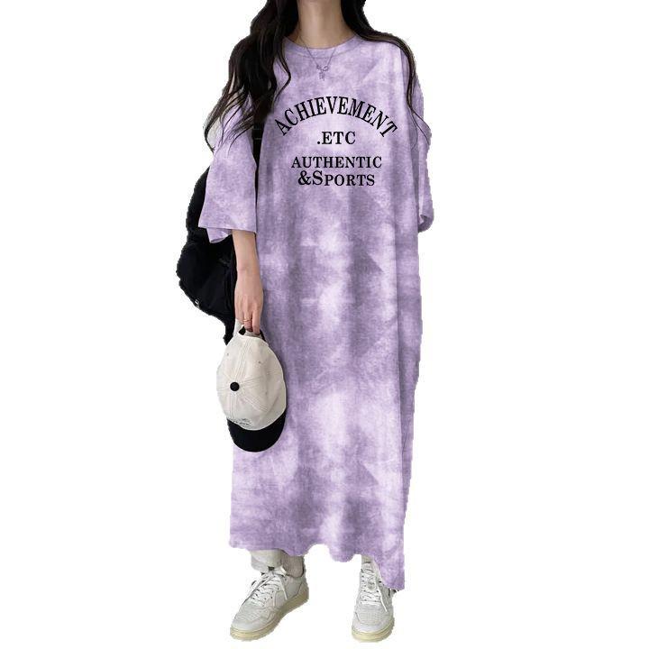 2024 Summer Slimming American Casual Tie-Dye Color Block T-Shirt Dress