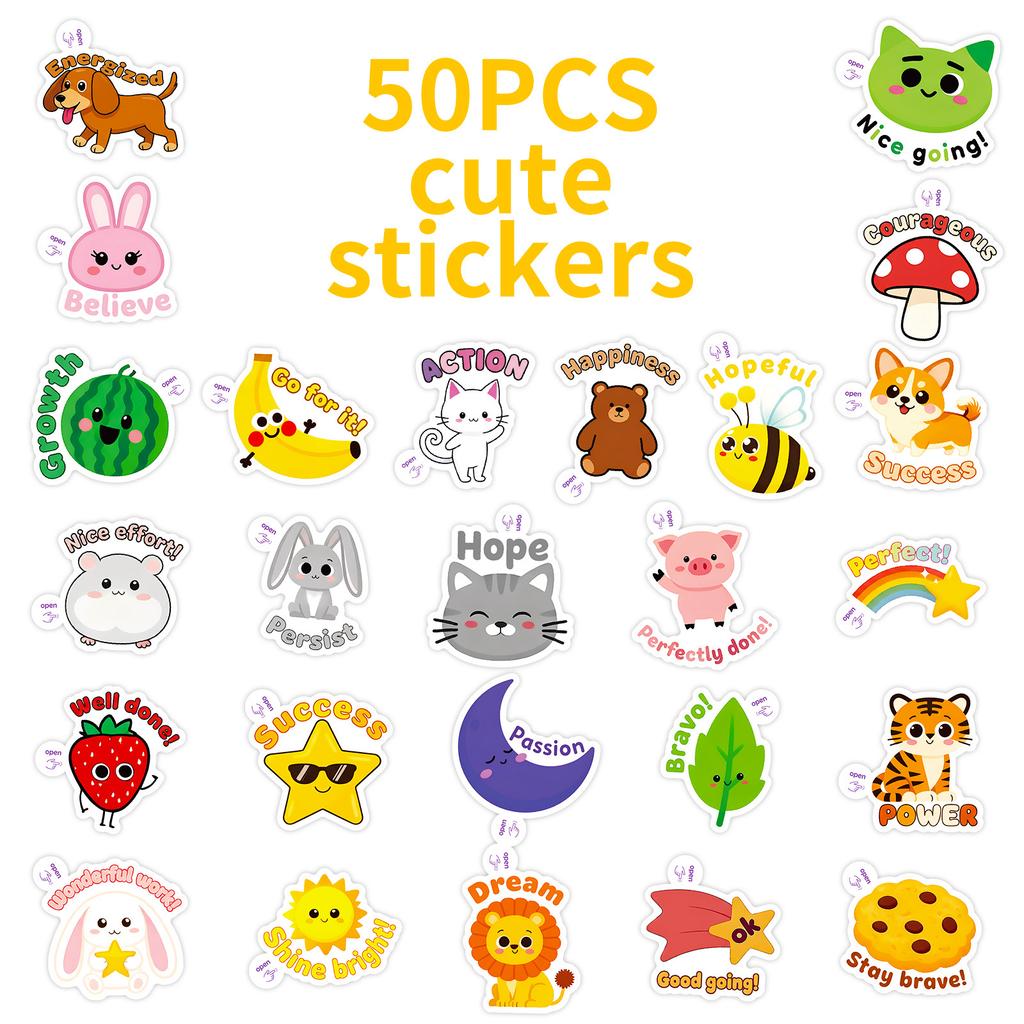 50 Vitality Cute Pet Encouraging Text Small Handle Stickers Cute Animal Inspirational Phrases Decorative Fun Stickers