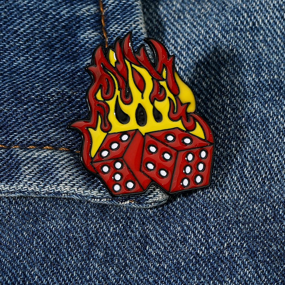 Funny Fire Dice Design Enamel Brooches Red Yellow Colors Metal Pins Backpack Bag Wallet Badge Accessories