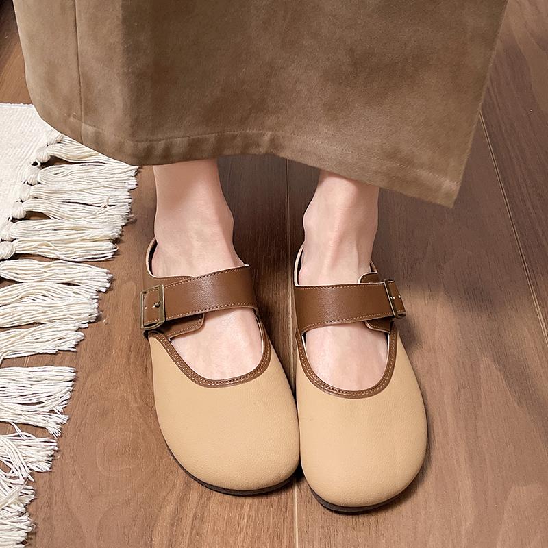 Women's Baotou Slippers Spring New Round Head Shallow Mouth Metal Buckle Soft Sole Anti-slip Wear-resistant Flat Shoes