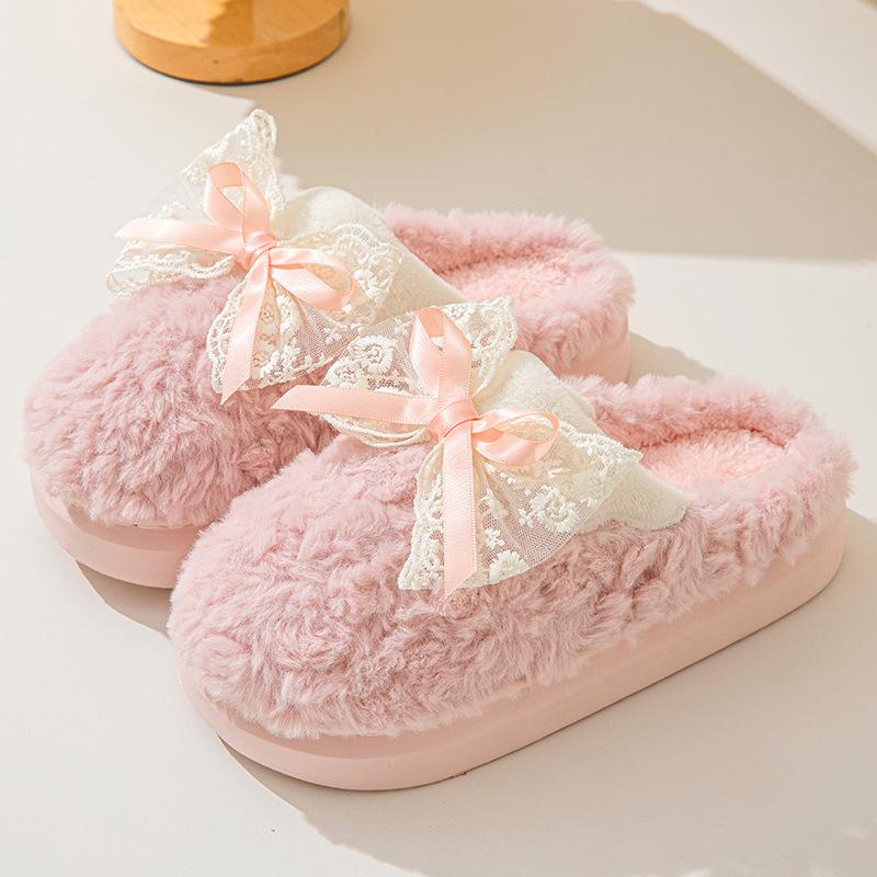 Neue Winter-Baumwollpantoffeln für Damen, Heimtextilien, Schmetterlingsknoten, warme Plüsch-Sandalen für Damen