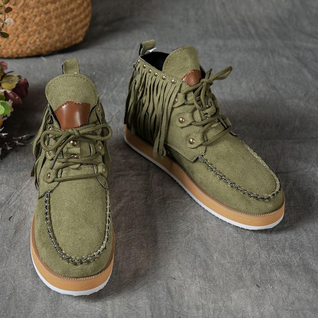 Platform Thick Soled Tassel Women's Short Boots Fashionable And Casual Retro Outdoor Lace up Boots for Women with Heel Suede