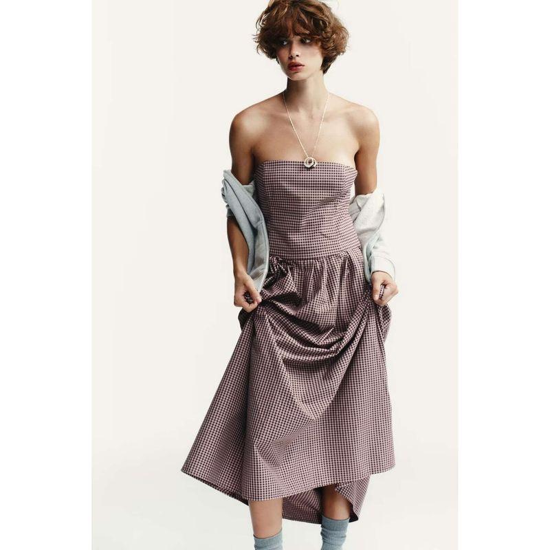 Counter Same Zbzr Autumn New Women Clothes Western Style Design Sense Plaid Tube Top Dress 4661229