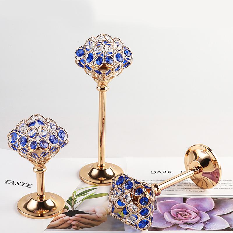 Metall Kerzenhalter Blauer Kristall Goldener Kerzenständer Kerzenleuchter Kandelaber Hochzeitsmittelstücke Dekoration Tisch Heimdekor