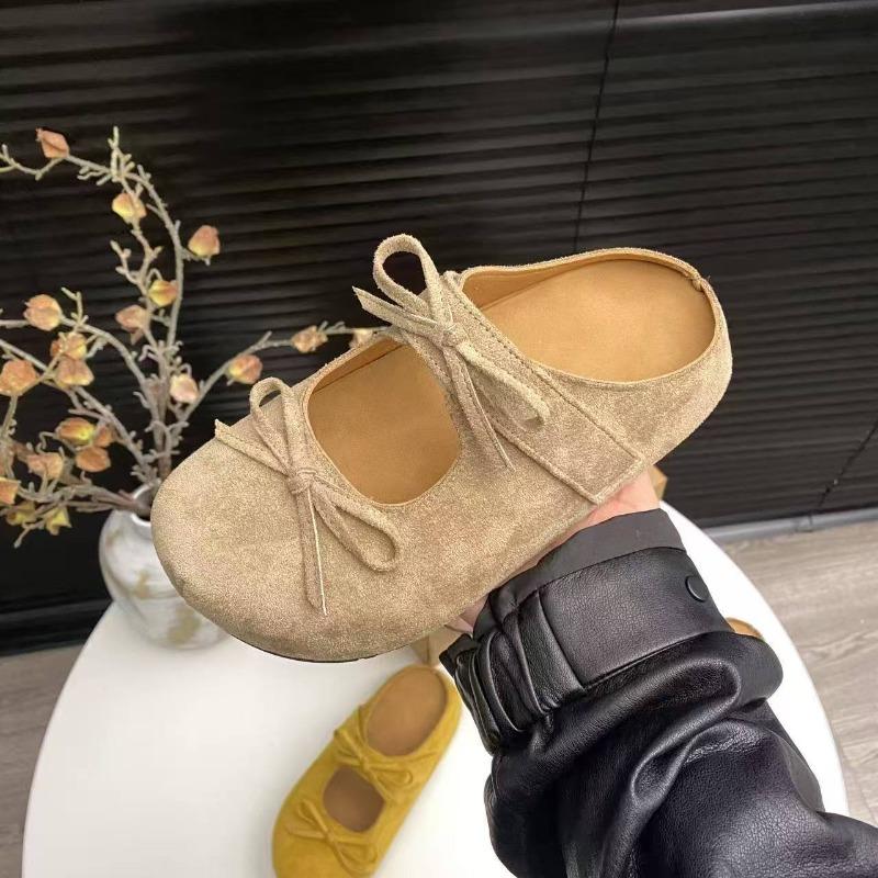 

Beef Suede Slippers Spring New Style Round Head Shallow Mouth Butterfly Knot Soft Sole Anti-slip Wear-resistant Flat Shoes 40