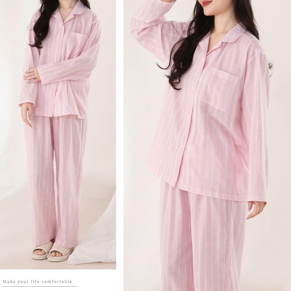 Yes Family Double Gauze Pajama Long Front Striped Size Pink Women's Set, 100% Cotton, Sleeves, Opening, Pattern, M,