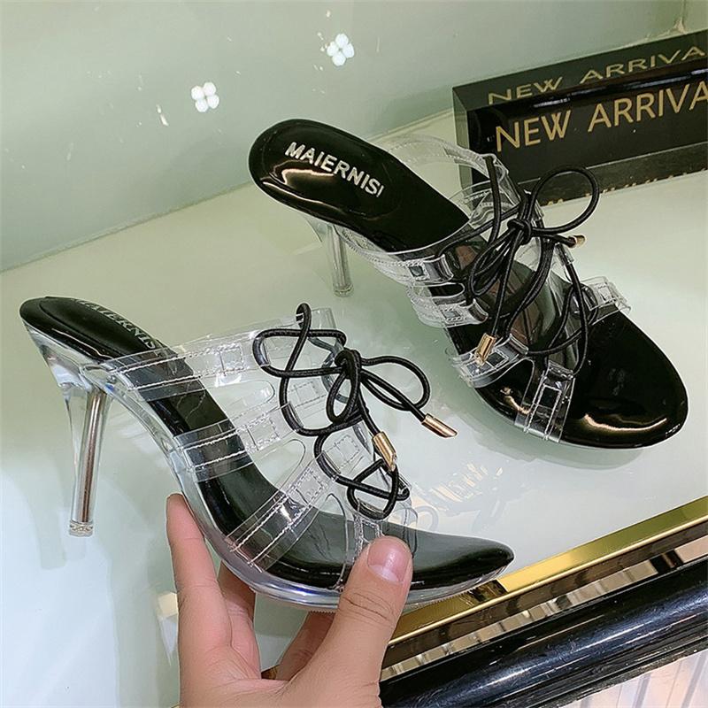 

Summer Women 8cm High Heels Slides 2cm Platform Mules Lady Transparent Strappy Slides Clear Low Heels Slippers Gold Shoes
