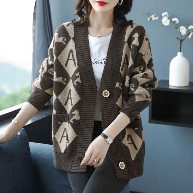 Women's Plus Size Knitted Cardigan Sweater Spring Autumn V-Neck Printed Knit Sweater Jacket Casual Loose Knit Jacket
