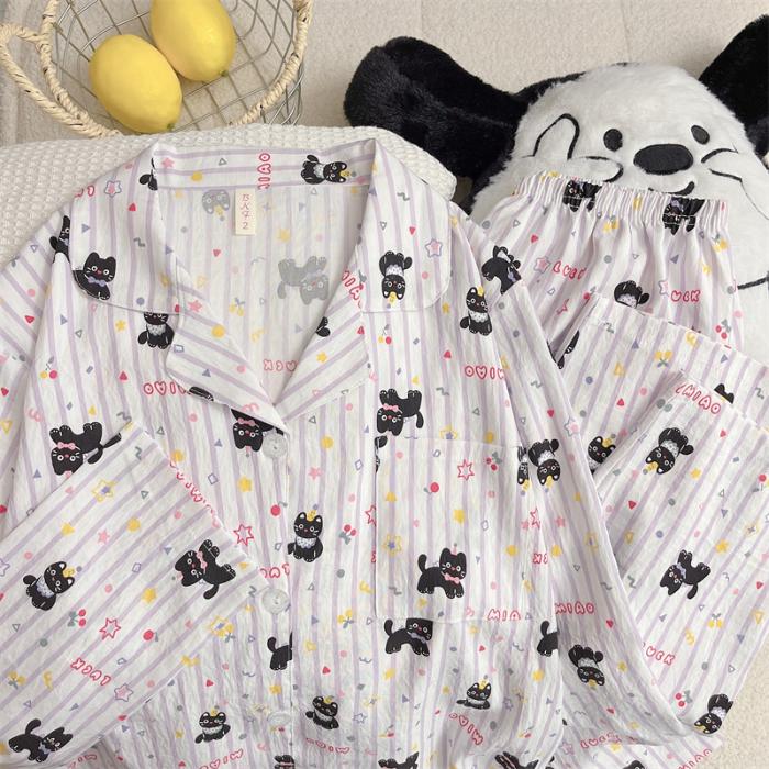 Cartoon Letter Cat Print Women's Pajamas Set New Spring Soft Casual Pajamas Set for Women Korean Cute Home Wear