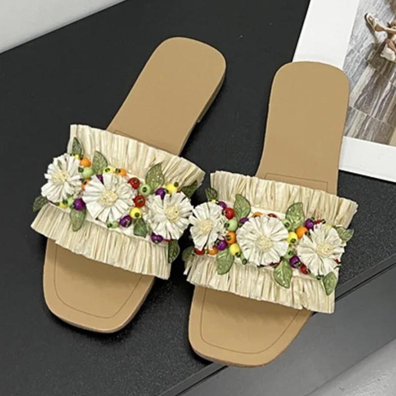 

Fashion Sweet Flower String Bead Flat Slippers Women Fashion Pleated Square Toe Brand Designer Shoes Comfortable Open Toe Beach Sandals 42 абрикосовый