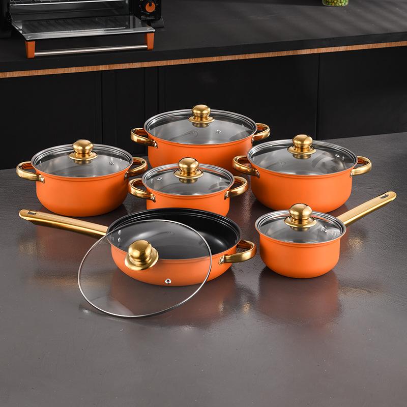 Stainless Steel Blue Pot Set, Gold Handle Six-piece Set, Soup Pan, Milk Pan, Frying Pan, Wok, Cookware
