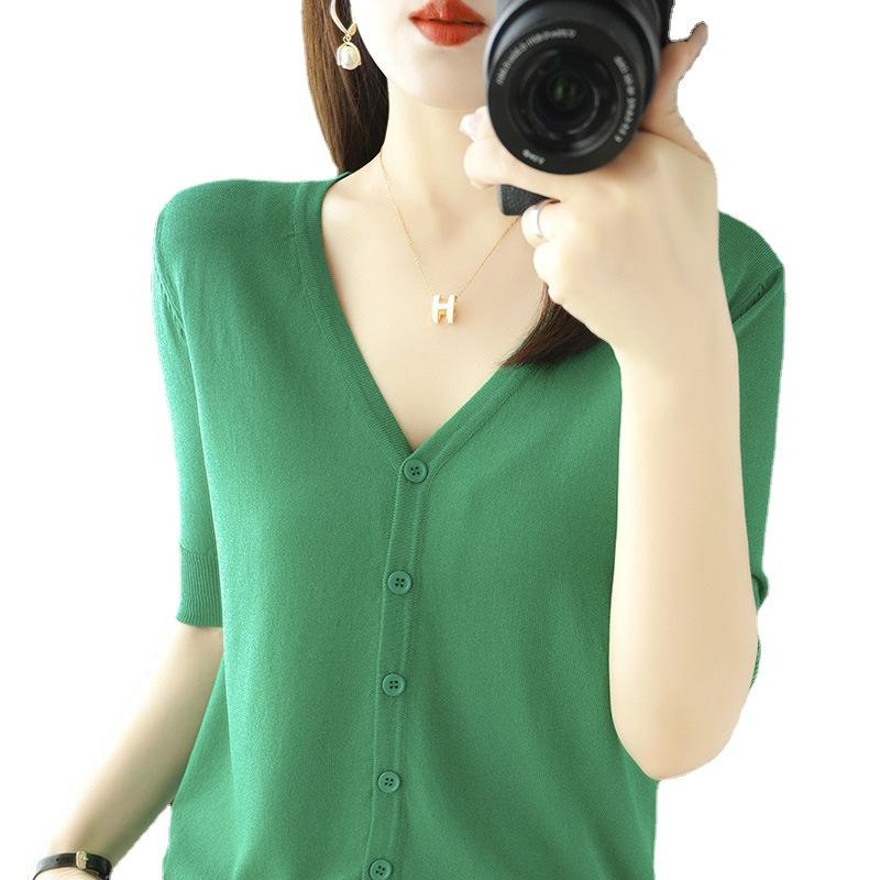 V-neck Five-point Sleeve Ice Silk Knitted Cardigan Summer Loose Sun Protection Clothes Half-sleeved Versatile Top Base Shirt