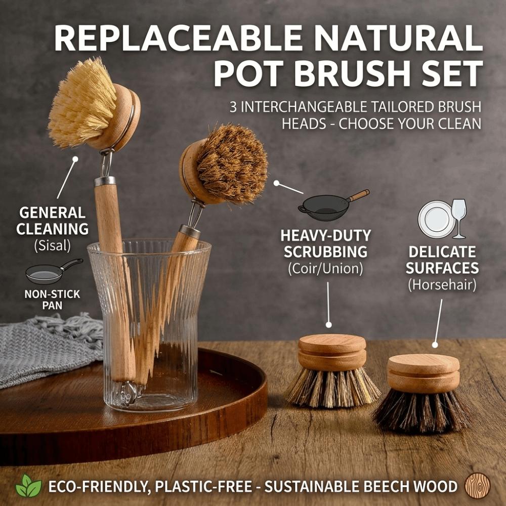 Solid Wood Dish Pot Brush Replaceable Frying Pan Brush Kitchen Cleaning Brush  Home Cleaning