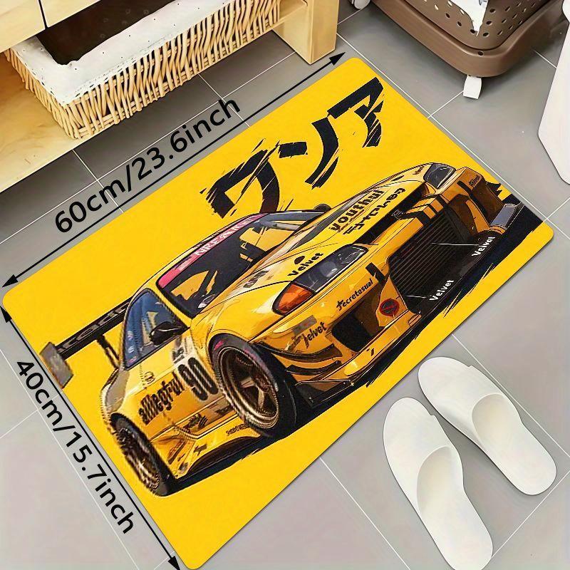 Japanese Street Racing Design Area Rug, for Living Room, Bedroom, Game Room Decor - Vibrant Yellow & Black Sports Car Art Mat