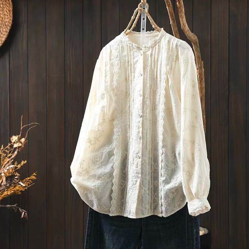 

Johnature Women Vintage Embroidery Floral Shirts Tops Cotton Autumn Blouses Button Loose Sweet Soft Shirts One Size бежевый