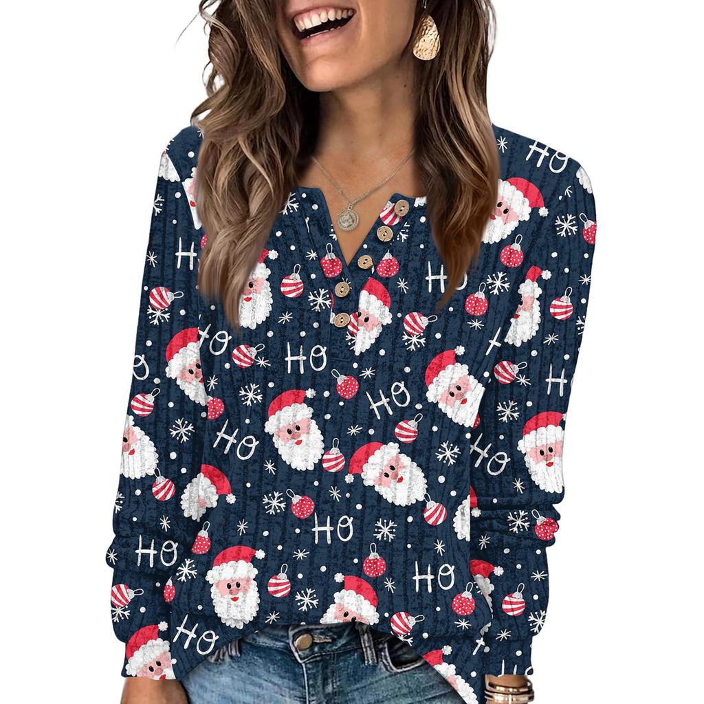 Women's Fashion V-Neck Button-Up T-Shirt With Christmas Print Long-Sleeved Top